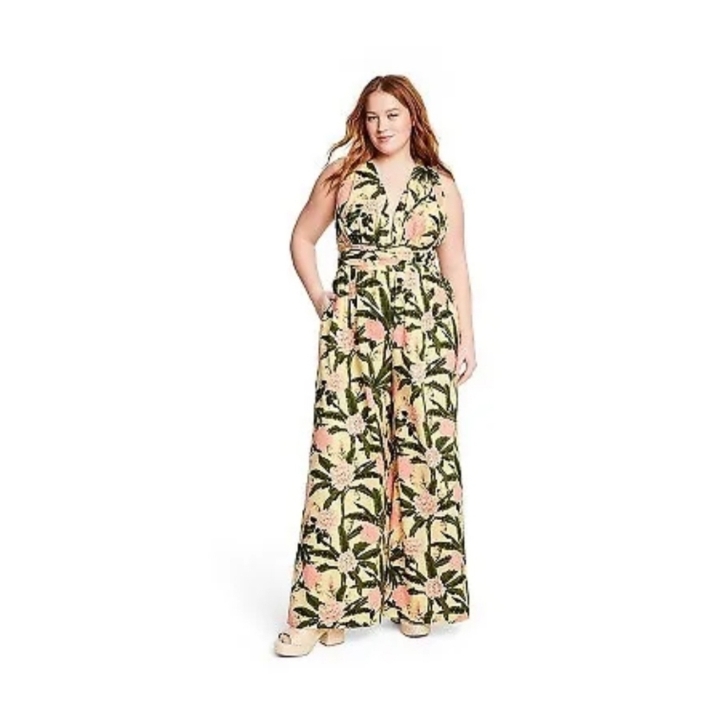 Women's Peony Botanical Print Jumpsuit - Agua Bendita Yellow/Dark Olive XL